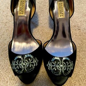 Badgley Mischka Black Satin Heels with Rhinestones Size 8